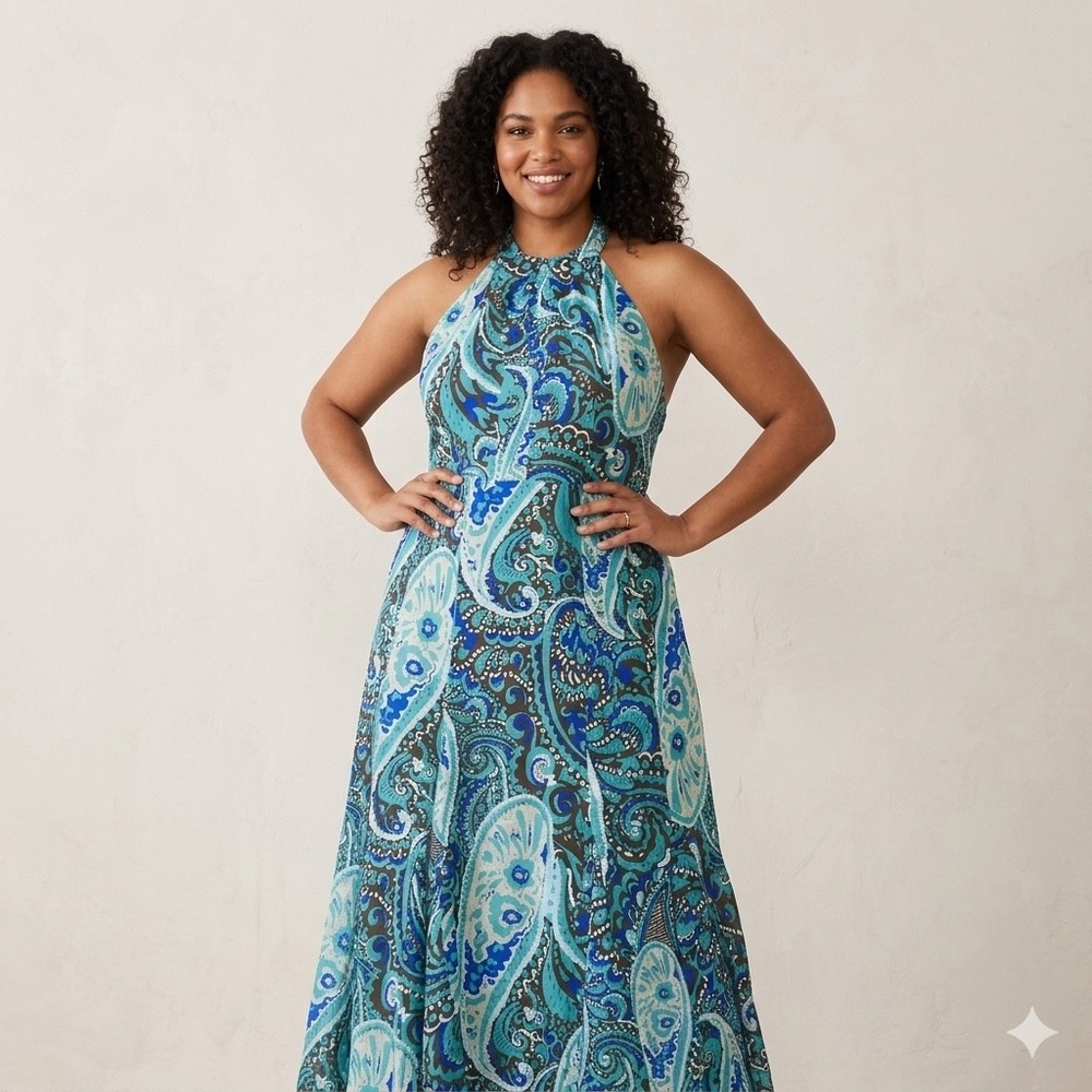 Lane Bryan Paisley Halter Dress Womens 18 Teal Blue Linen Blend Boho Summer
